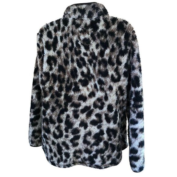 Leopard Print Sherpa Fleece Pullover Jacket M animal mob wife warm cottagecore - Picture 2 of 9